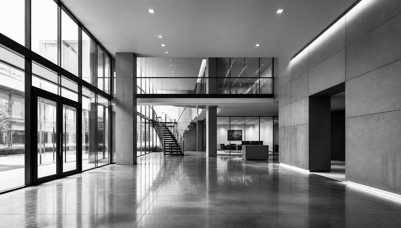 Contemporary commercial office lobby with clean lines and natural light