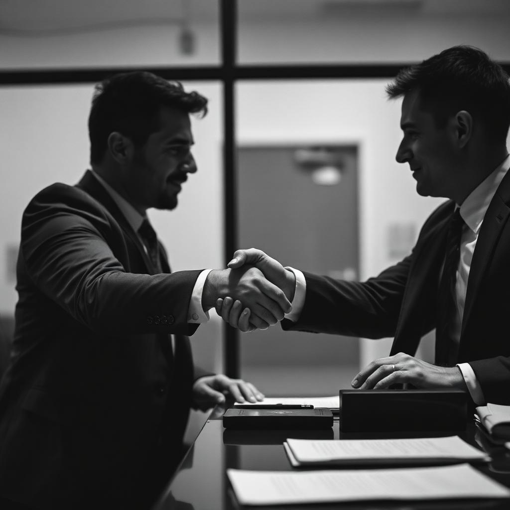 A confidential handshake across a desk